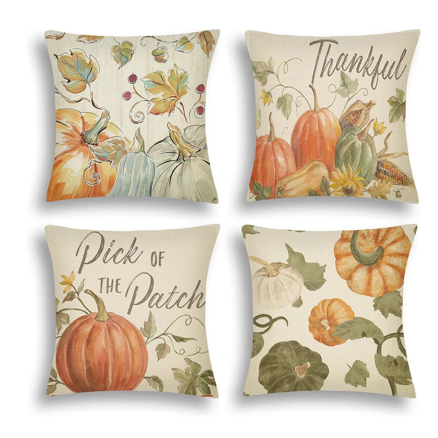 Thanksgiving Pillow Covers Set of 4 – Fall Pumpkin Farmhouse Decor (18x18in)