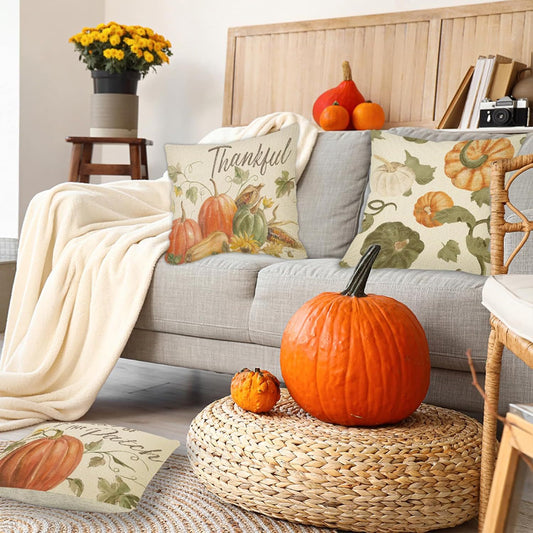 Thanksgiving Pillow Covers Set of 4 – Fall Pumpkin Farmhouse Decor (18x18in)