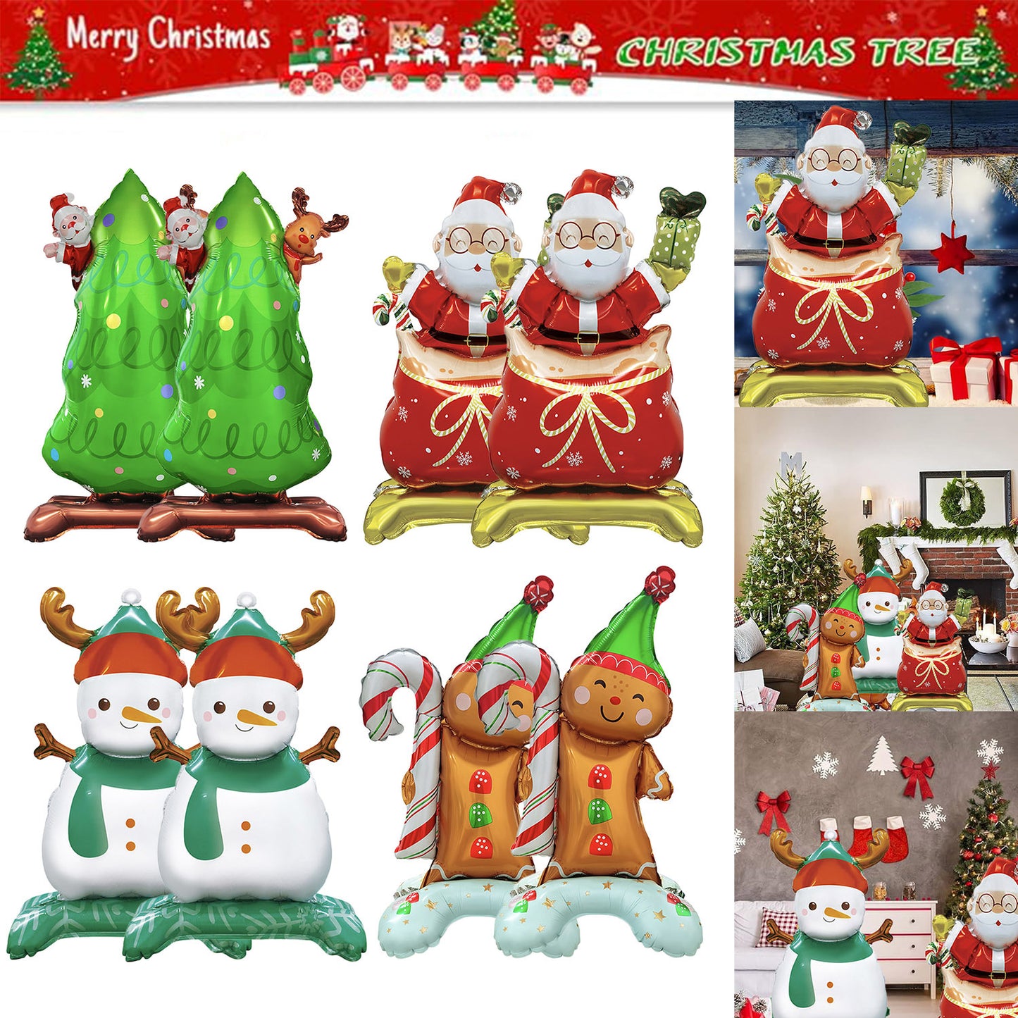 8PCS Christmas 3D Foil Balloons – Santa, Snowman & Xmas Tree Decorations