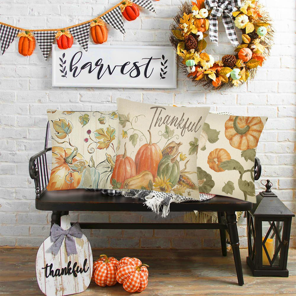 Thanksgiving Pillow Covers Set of 4 – Fall Pumpkin Farmhouse Decor (18x18in)
