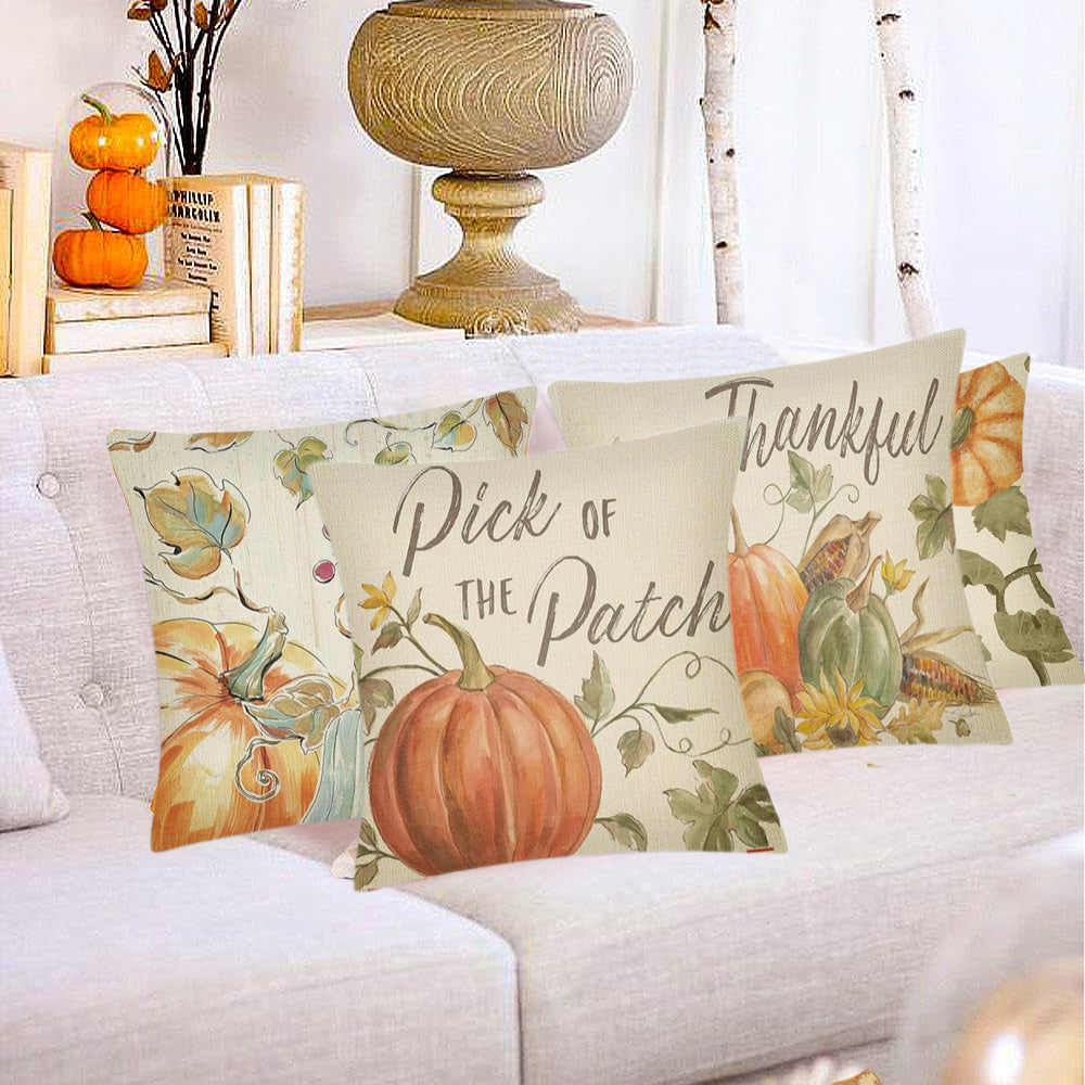 Thanksgiving Pillow Covers Set of 4 – Fall Pumpkin Farmhouse Decor (18x18in)